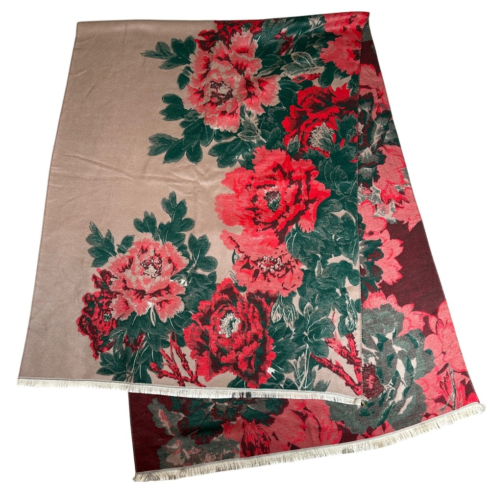 Floral Peony Jacquard Oversized Scarf Shawl Wrap Burgundy Pink Sage Green Fringe
